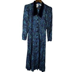 Vintage KSL Dress Womens 16W Blue Green Paisley Modest Velvet‎ Collar 90s